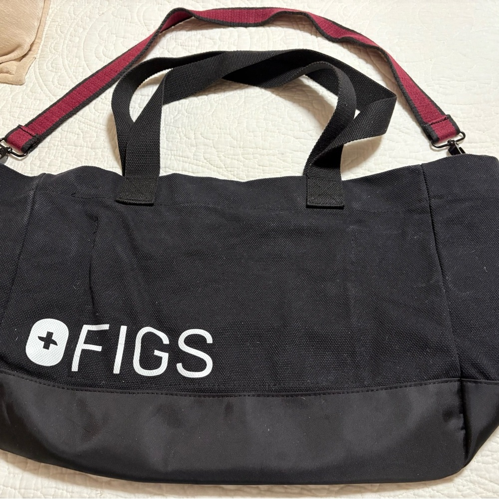 FIGS  Black Duffel Bag with Burgundy Strap